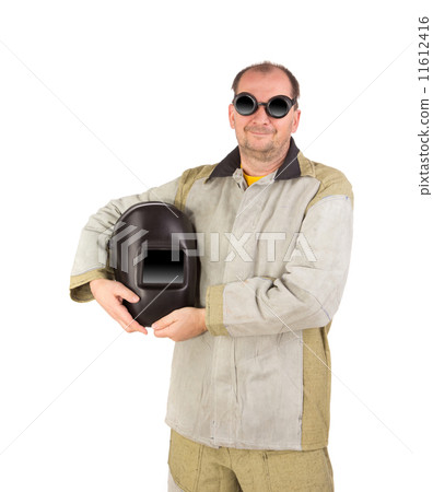 worker holding welder mask worker holding welder mask 11612416