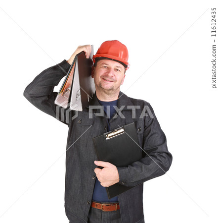 Man in hard hat holding folders. Man in hard hat holding folders. 11612435