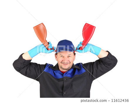 Worker holding spray bottles. Worker holding spray bottles. 11612436