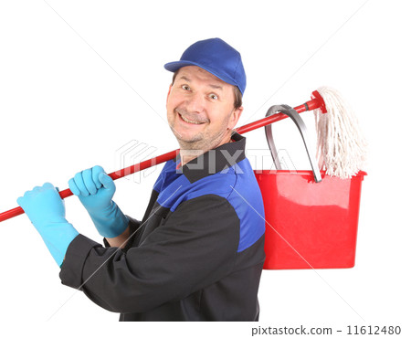 Man holding broom and bucket. Man holding broom and bucket. 11612480