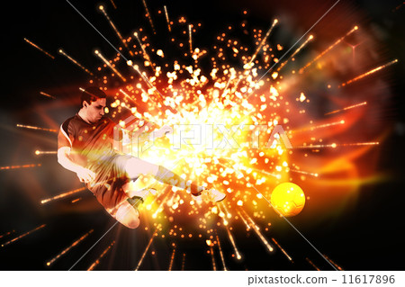Composite image of fit football player jumping and kicking Composite image of fit football player jumping and kicking 11617896