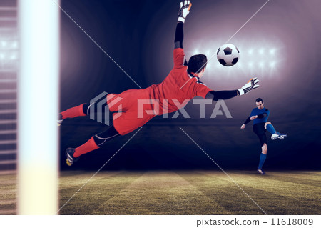 Composite image of fit goal keeper jumping up Composite image of fit goal keeper jumping up 11618009