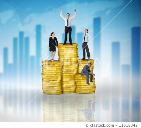 Composite image of business people on pile of coins Composite image of business people on pile of coins 11618342