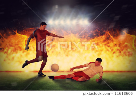 Composite image of football players tackling for the ball Composite image of football players tackling for the ball 11618606