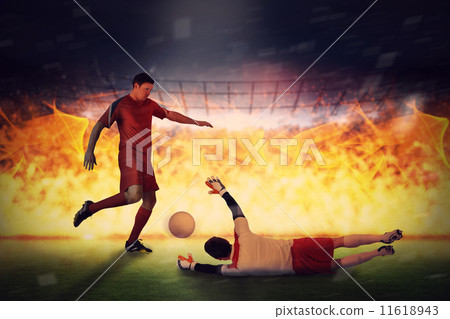Composite image of football players tackling for the ball 11618943
