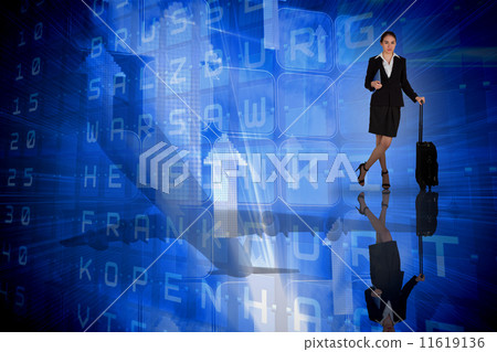 Composite image of businesswoman leaning on her suitcase holding Composite image of businesswoman leaning on her suitcase holding 11619136