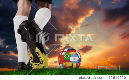 Composite image of football boot kicking flag ball 11619250
