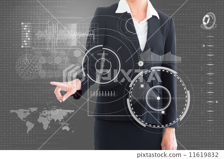 Composite image of businesswoman pointing at interface 11619832