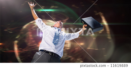 Composite image of businessman holding briefcase and cheering 11619889