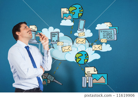 Composite image of thinking businessman biting glasses 11619906