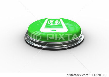 Composite image of earth on tablet screen graphic on button 11620100