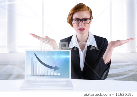 Composite image of businesswoman holding hand out in presentatio 11620193