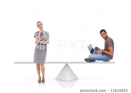 White scales measuring businesswoman and man White scales measuring businesswoman and man 11620645