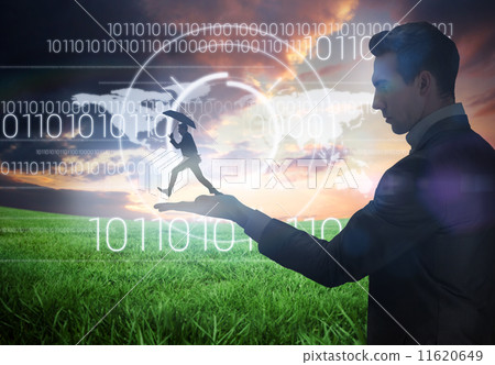 Composite image of businessman jumping holding an umbrella Composite image of businessman jumping holding an umbrella 11620649