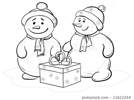 Snowmens with gift box, contours 11622264