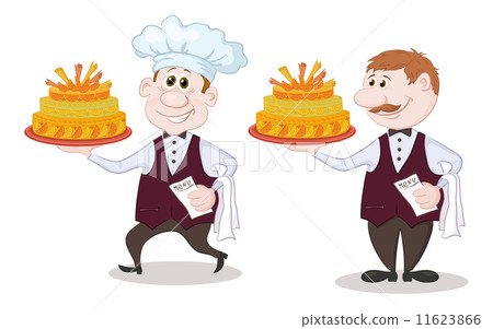 Cook and waiter with holiday cakes Cook and waiter with holiday cakes 11623866