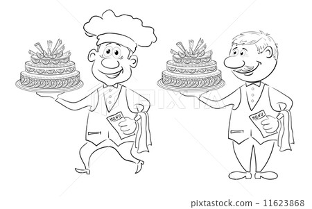 Cook and waiter with holiday cakes, outline Cook and waiter with holiday cakes, outline 11623868
