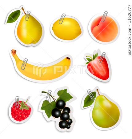 Set of flat fruit stickers with paper clips. Vector. 11626777