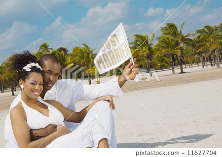 Multi-ethnic bride and groom at beach 11627704