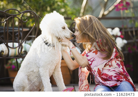 Hispanic woman rubbing noses with dog Hispanic woman rubbing noses with dog 11628473