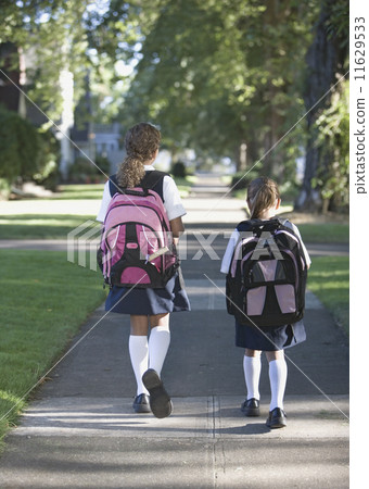Rear view of girls with backpacks walking down sidewalk 11629533
