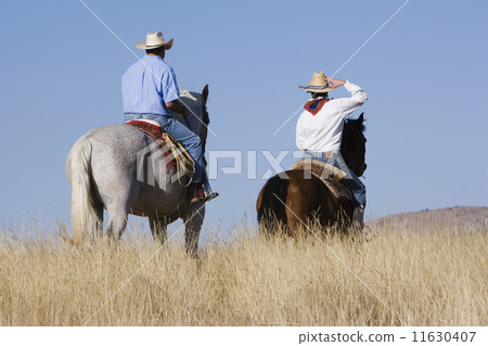 Hispanic couple riding horses 11630407