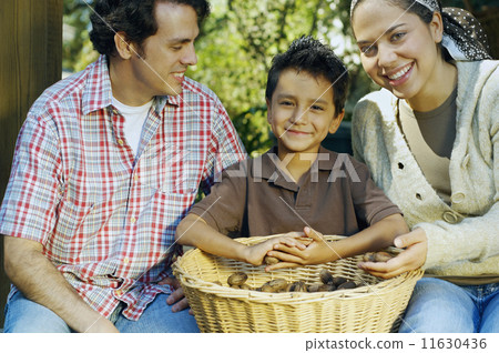 Multi-ethnic family with basket of organic produce Multi-ethnic family with basket of organic produce 11630436