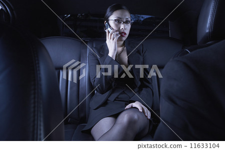 Asian businesswoman using cell phone in back seat of car Asian businesswoman using cell phone in back seat of car 11633104