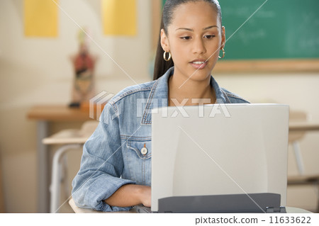 Female Dominican teenager working on a laptop in a classroom 11633622