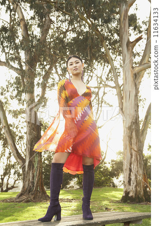 Asian woman standing on picnic table 11634133