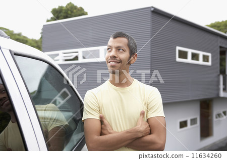 Native American man leaning on car Native American man leaning on car 11634260
