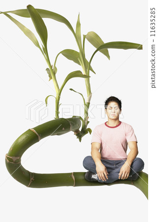 Young man meditating on a giant plant 11635285