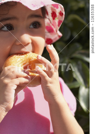 Hispanic baby girl eating doughnut 11635388
