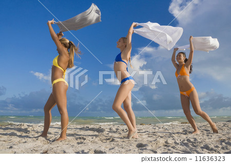Hispanic women in bikinis holding skirts in wind Hispanic women in bikinis holding skirts in wind 11636323