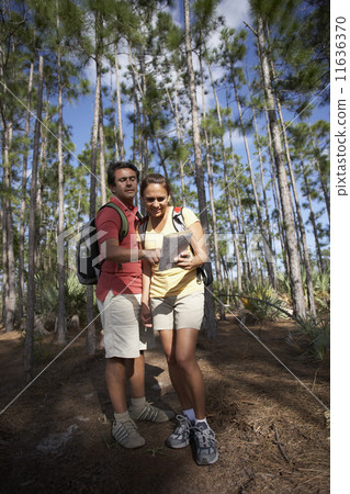 Hispanic couple looking at map in woods 11636370