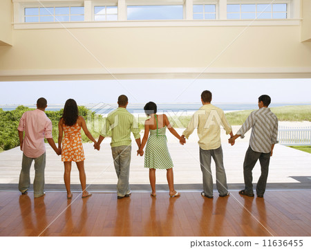 Multi-ethnic friends holding hands at beach resort 11636455