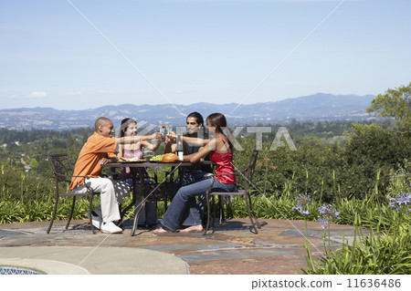 Multi-ethnic friends toasting outdoors 11636486