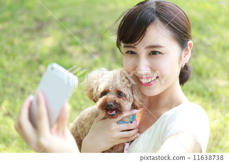 Dog and young woman and mobile phone Dog and young woman and mobile phone 11638738