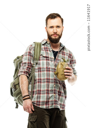 Handsome traveler with backpack and flask isolated on white 11641917