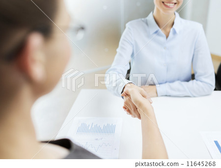 two smiling businesswoman shaking hands in office 11645268