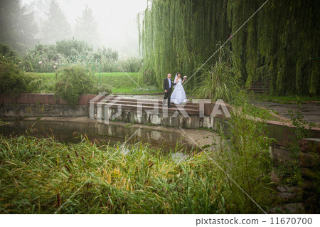 Married couple walking on riverbank at foggy day 11670700