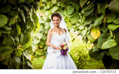 Portrait of smiling cute bride at park Portrait of smiling cute bride at park 11670715