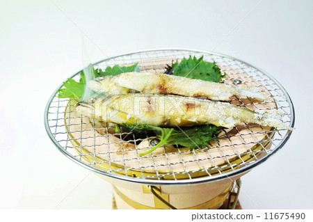 季節性味道·在桑拿浴室頂部的紫蘇葉垃圾鹽烤香魚·白背側身位置 11675490