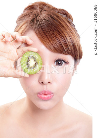 woman holding kiwi fruit cover her eyes 11680069
