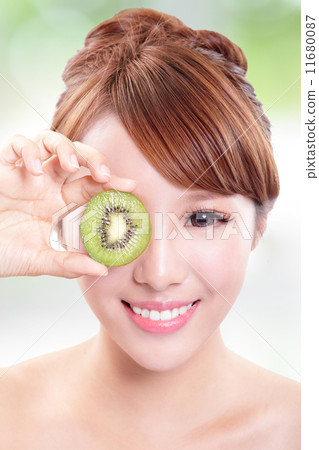 woman holding kiwi fruit cover her eyes 11680087