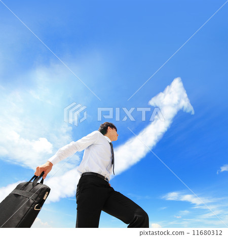 happy successful business man run with arrow cloud 11680312