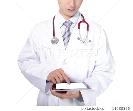 doctor with stethoscope showing blank tablet pc 11680556