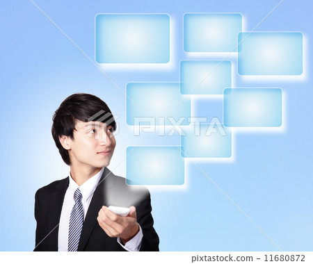 Business man holding smart phone with empty screen Business man holding smart phone with empty screen 11680872