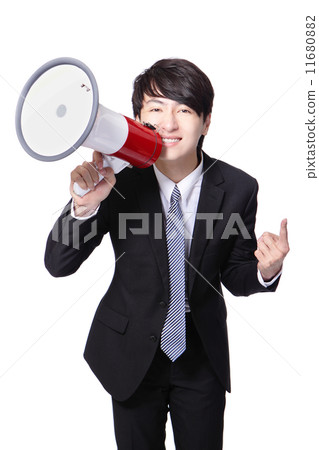 business man happy shouting megaphone 11680882