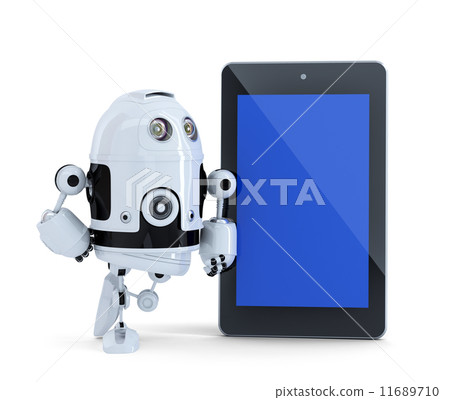 Robot with tablet pc. Isolated. Contains clipping path of tablet screen and entire scene. 11689710